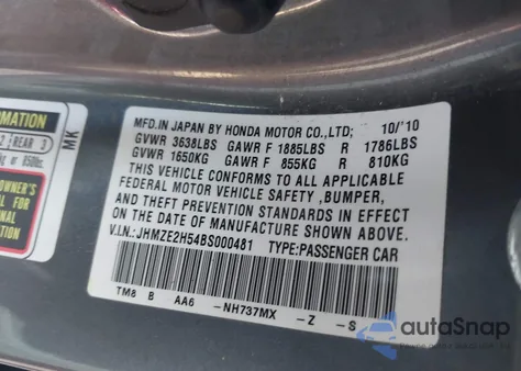 2011 Honda Insight Lx z USA, uszkodzony, nr VIN JHMZE2H54BS000481